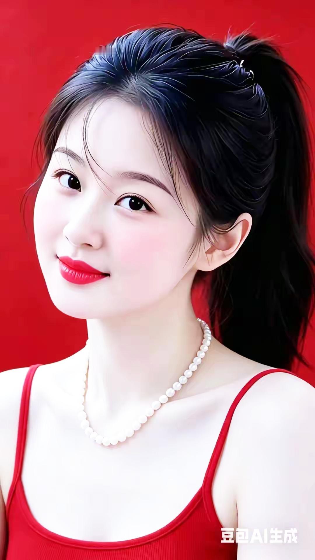 这个小姐姐真漂亮，红裙配珍珠项链。