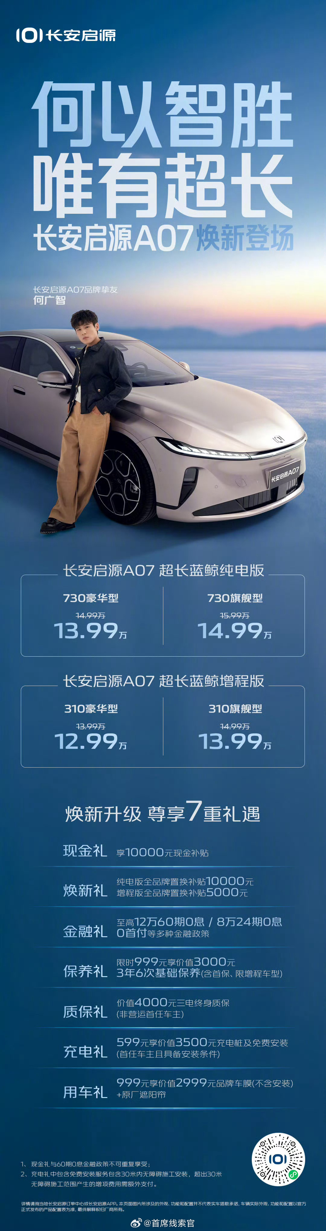长安启源 A07 推出超长蓝鲸增程版 / 纯电版。其中纯电版 CLTC 工况续航