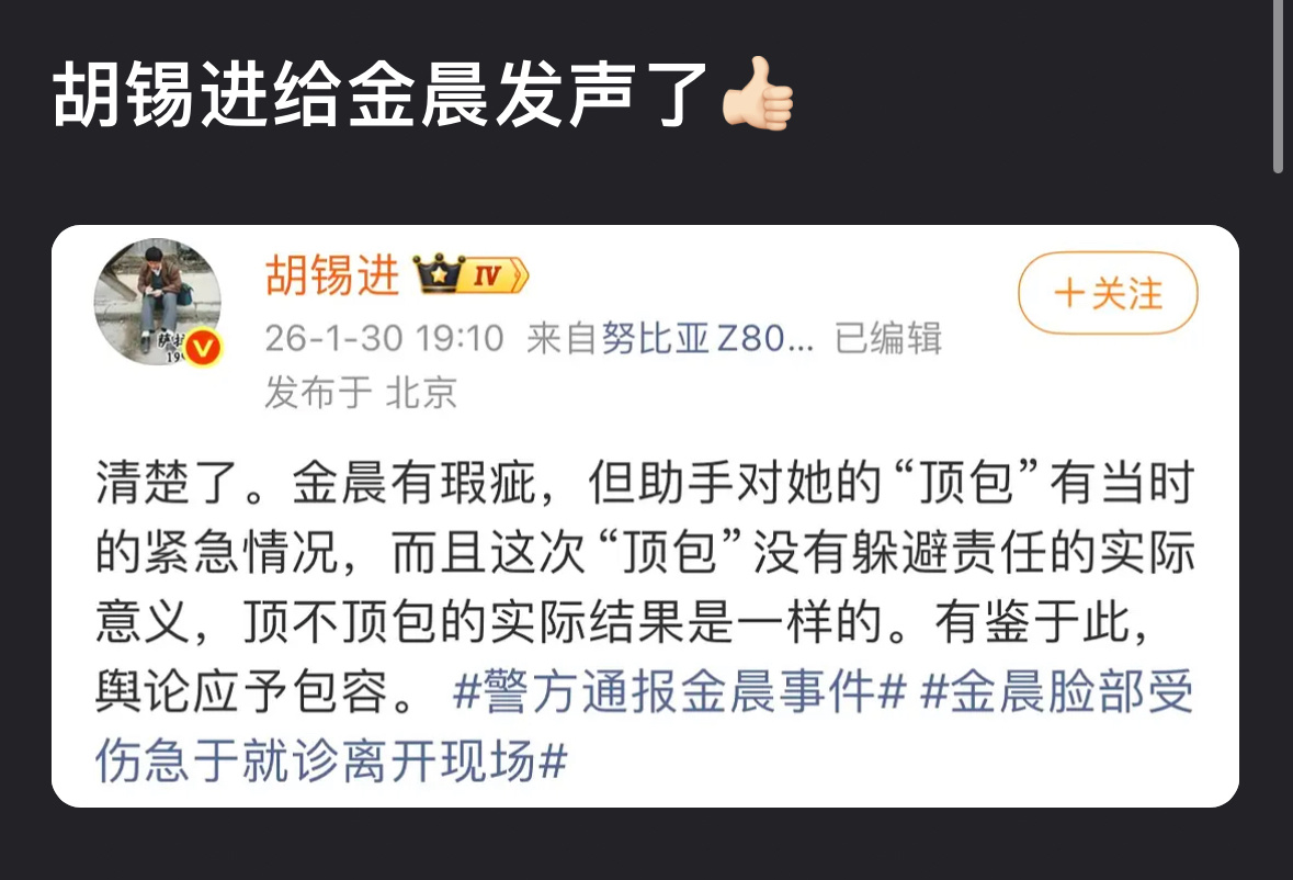胡锡进为金晨发声了懂得都懂了… 