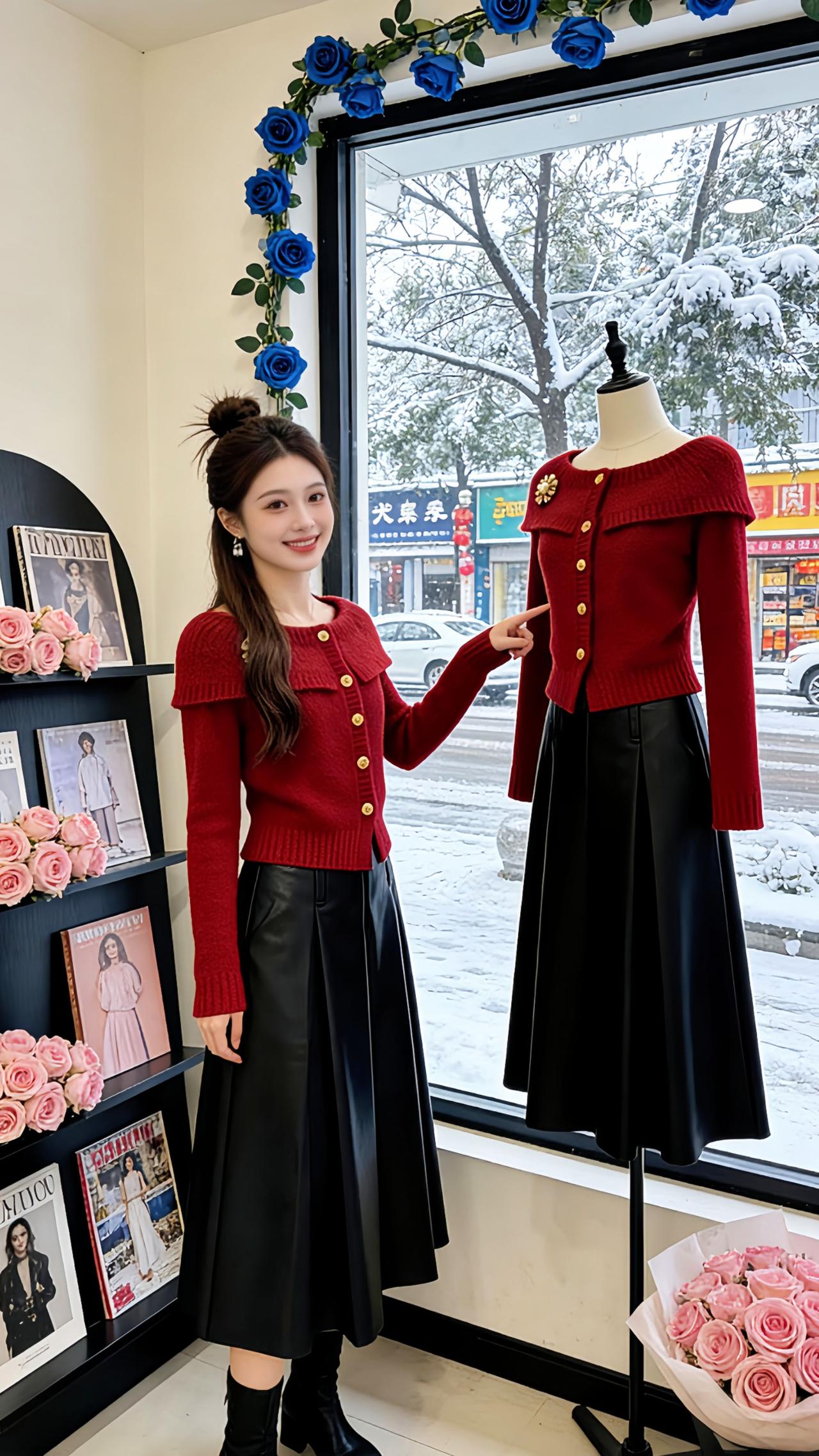 雪夜窗边的Danny身着红毛衣皮裙套装，金扣翻领衬得肌肤莹白，半扎丸子头蓬松显脸