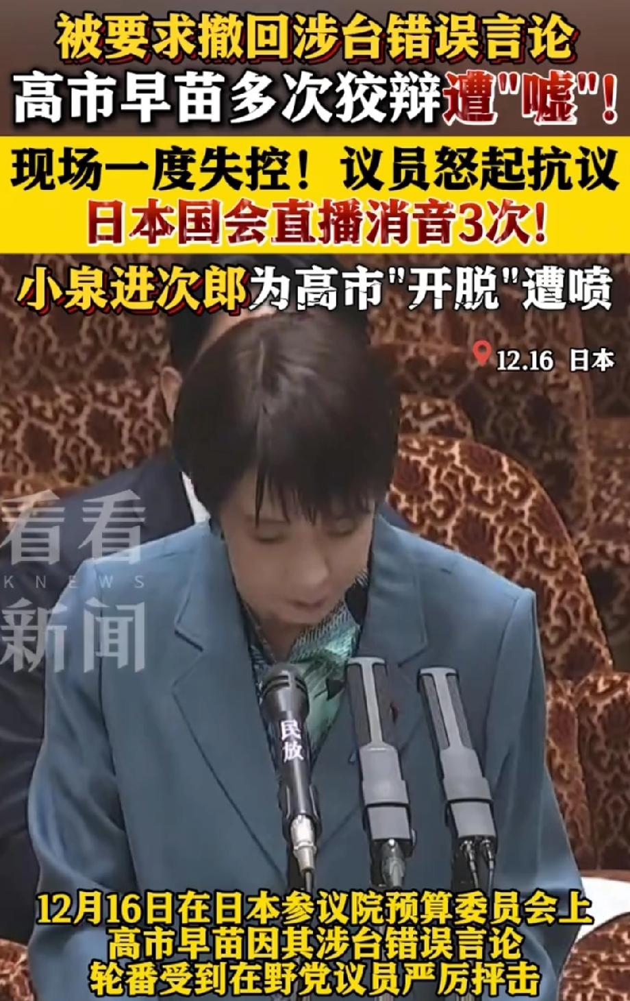 高市国会狡辩遭“嘘” 直播消音3次 日本参议院预算委员会会议成了一场闹剧！12月