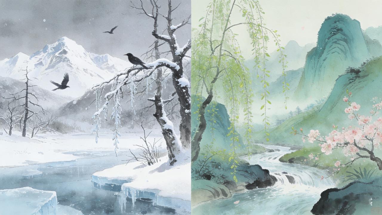 上联「冰天雪地送冬去」，气势开阔，直白又有画面感，写尽寒冬将尽、辞旧迎新的气象。