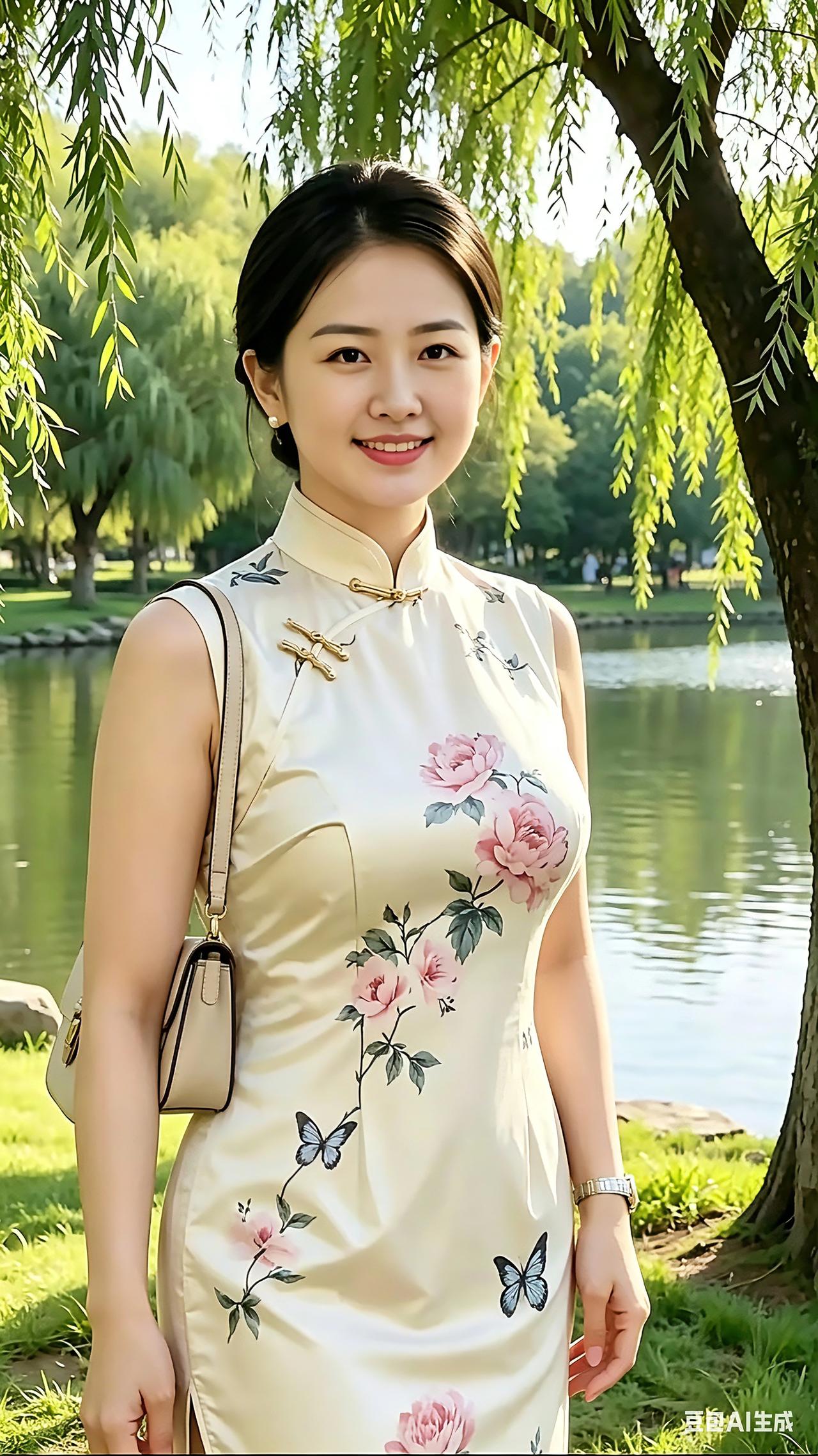 柳丝垂岸水澄明，
旗袍牡丹衬娉婷。
彩蝶栩栩衣间绕，
嫣然一笑沐春风。
浅释：