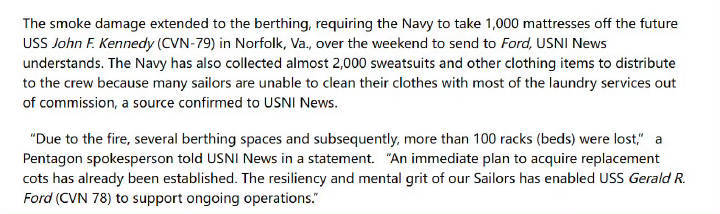 🔻网友分享：美国又拆东墙补西墙了，把肯尼迪号上的1000个床垫拆了送给福特号。