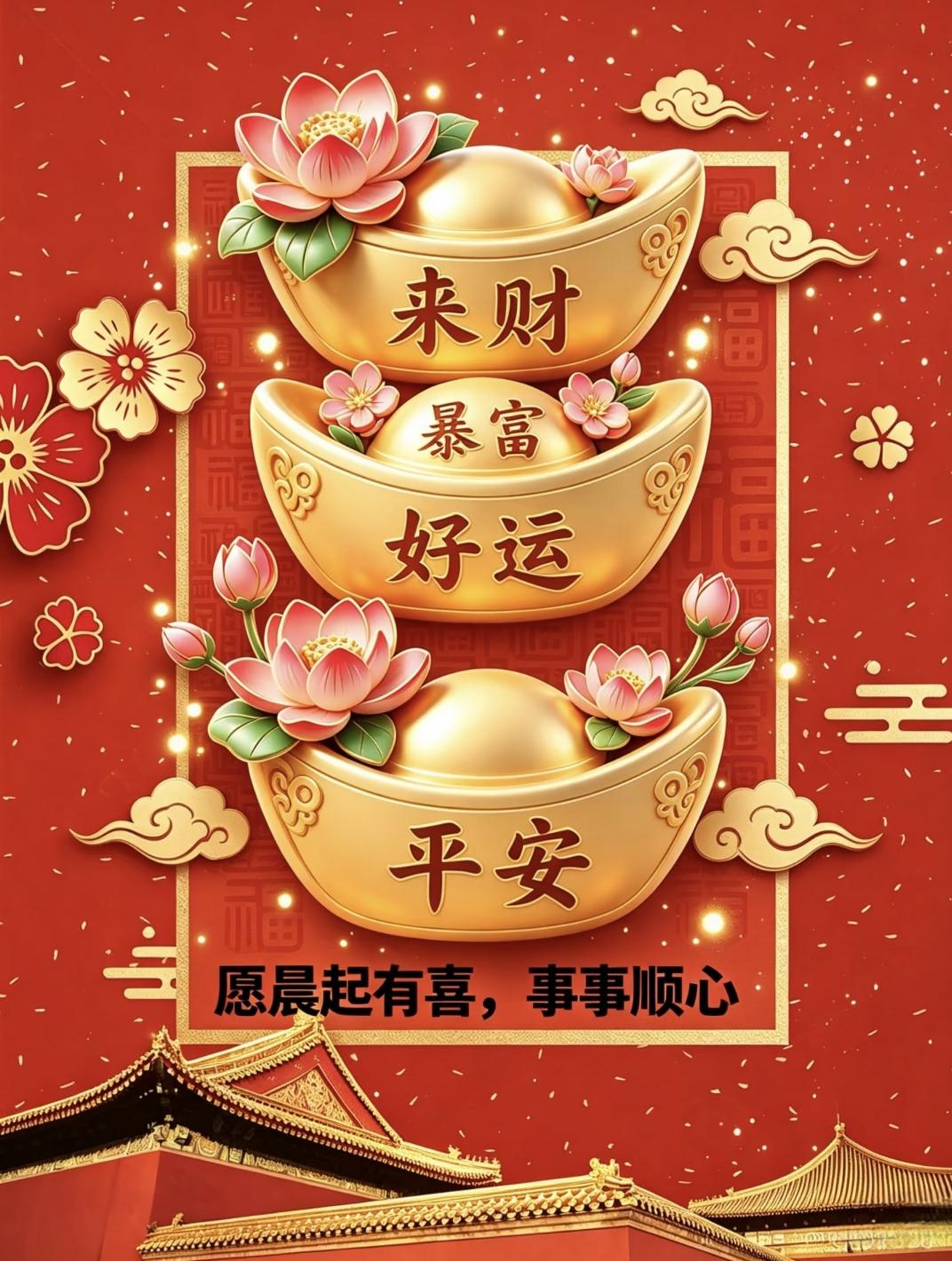 金元宝叠成小山，好运平安攥手心。喜气盈门，快接住这份暴富好运吧~财神已敲门，福气