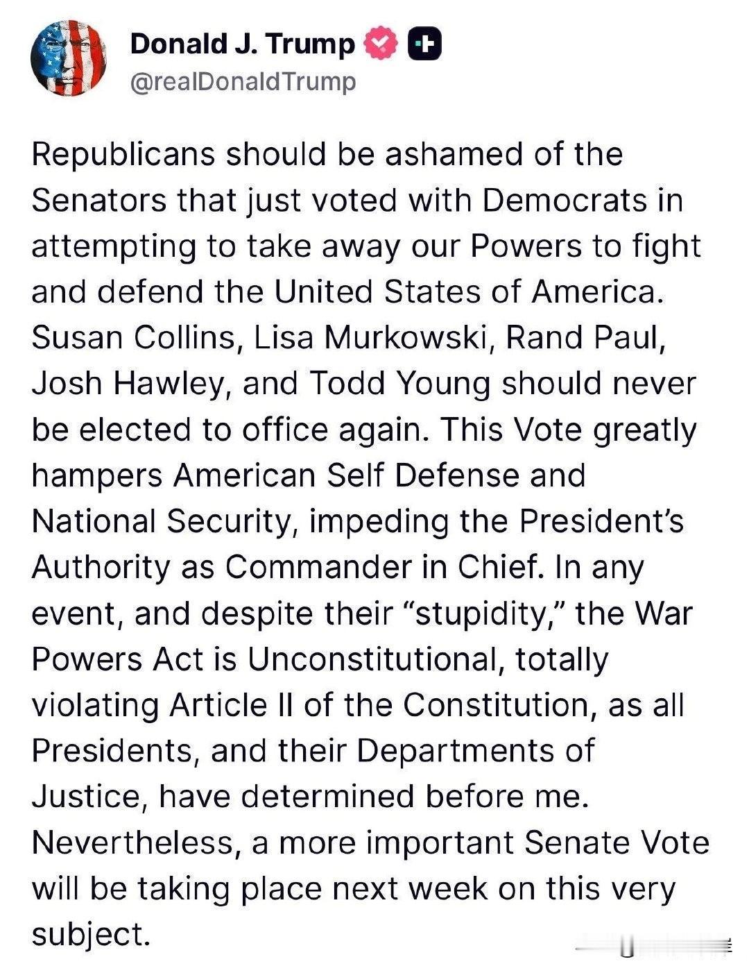川普发文批评支持《战争权力法案》的共和党人，他将否决该法案。
“共和党人应该为刚