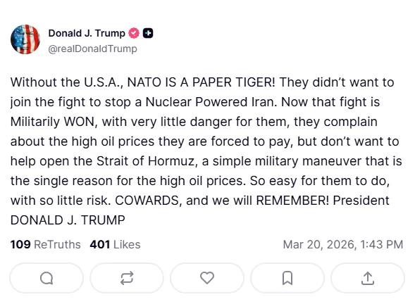 就在刚刚，美国联邦政府总统唐纳德在社交媒体上再次口头攻击北约，称该联盟为“懦夫”