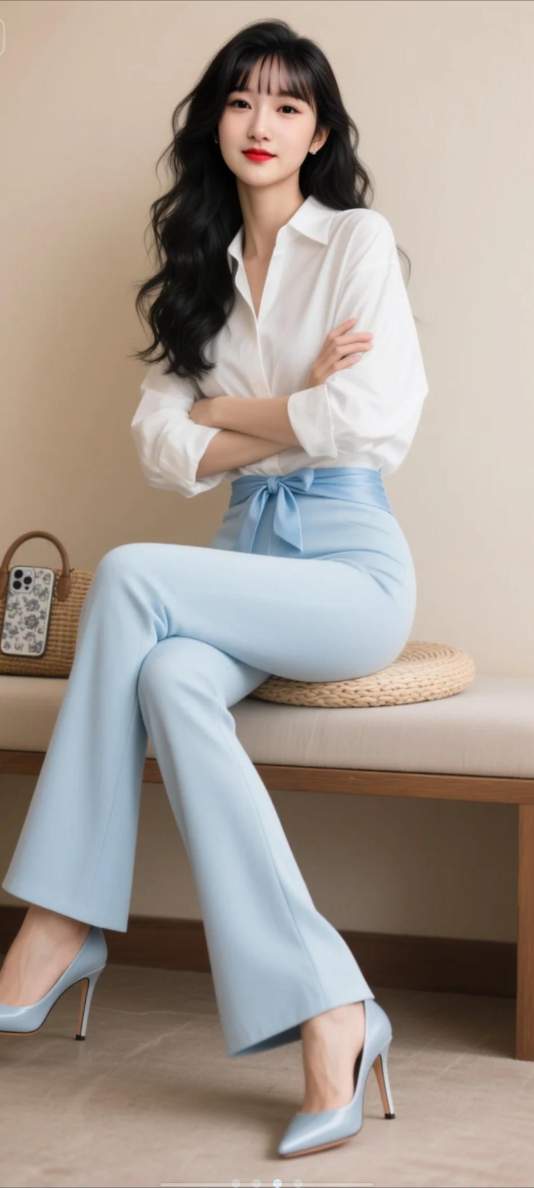 她坐在沙发上，穿着白色衬衫和蓝色裤子，看起来好有气质。