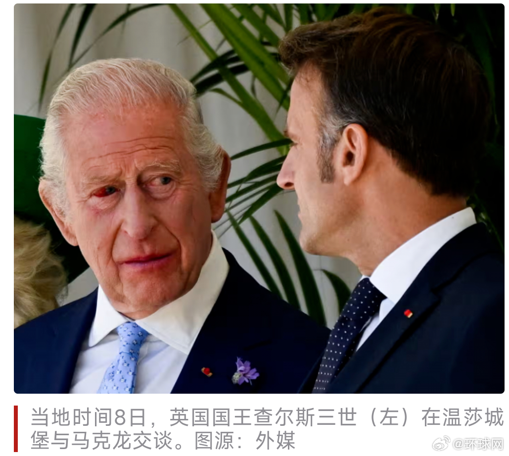 #英国王会见马克龙时眼角充血引关注#【外媒：英国国王查尔斯三世会见马克龙时“眼角
