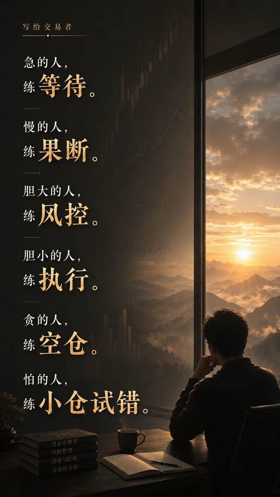 急的人，练等待。 慢的人，练果断。胆大的人，练风控。 胆小的人，练执行。 贪的人
