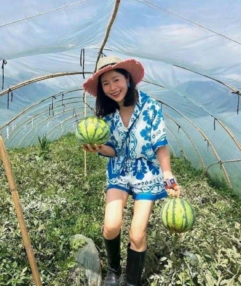 江一燕瓜地拍照，轻松自在，气质独特。她的“松弛感”令人羡慕，动作自然，展现文艺女