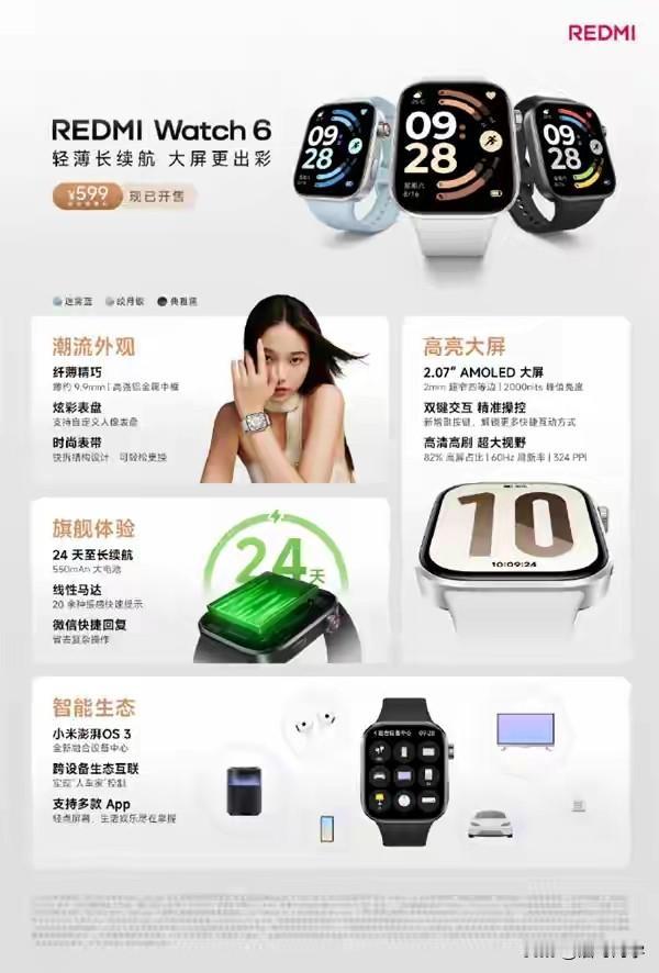 分享我这周有趣的事：本周，REDMI的最新一版手表Watch 6发布，对比上一代