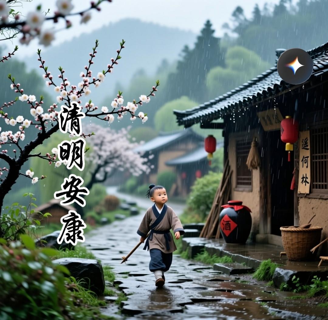 早晨的祝福分享清明时节雨纷纷，路上行人欲断魂，借问酒家何处有，木童遥指杏花村