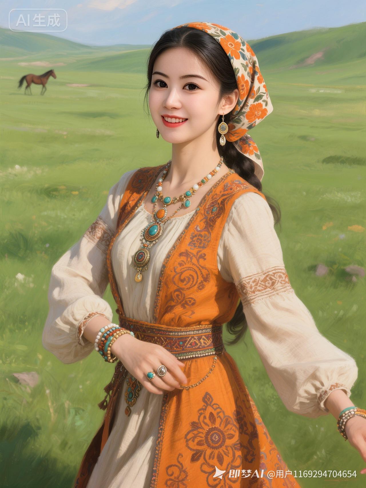 草原上的美丽少女，头戴花巾，笑容灿烂！