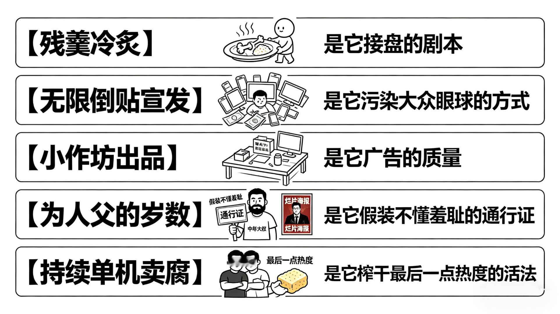 残羹冷炙，是它接盘的剧本，无限倒贴宣发，是它污染大众眼球的方式。小作坊出品，是它