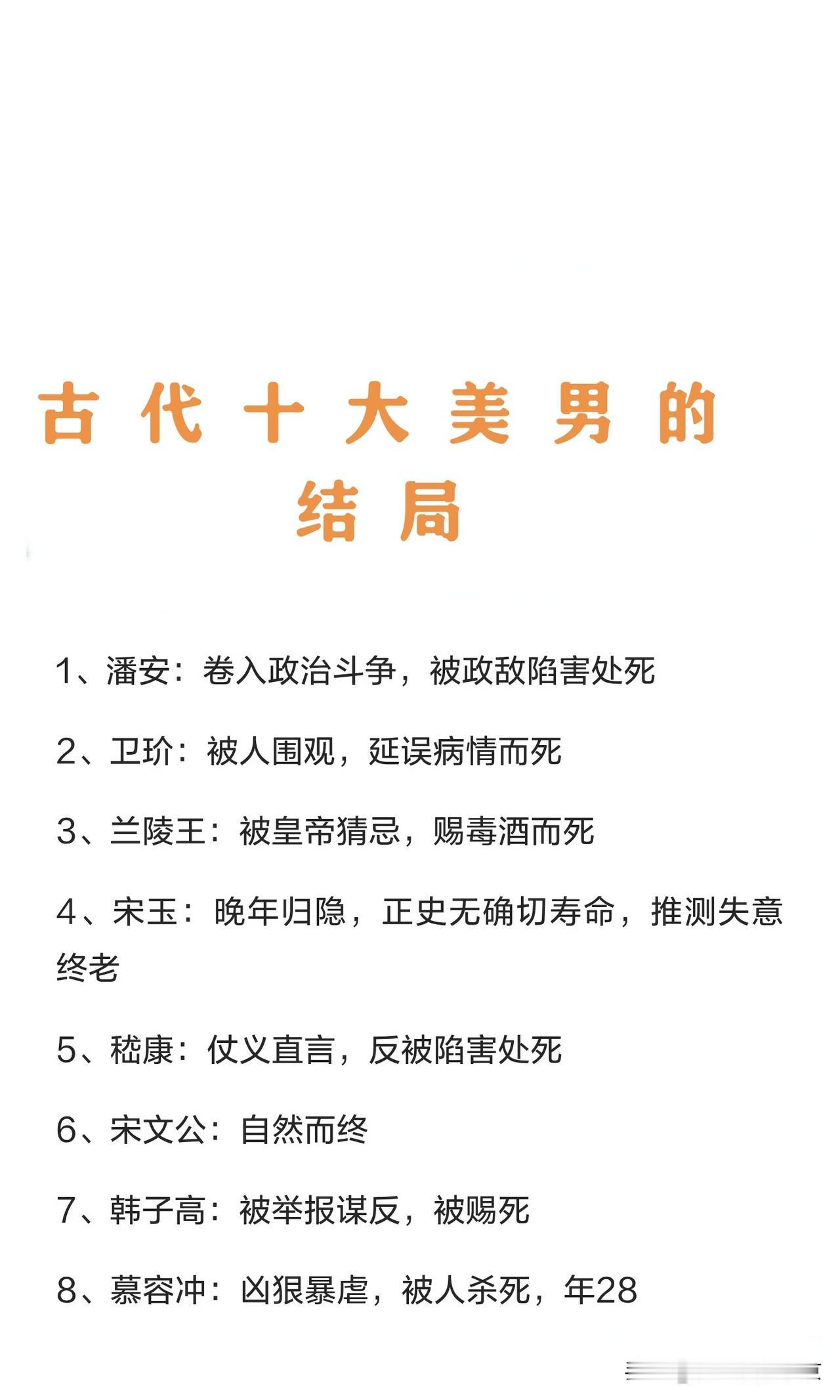 古代十大美男的结局:
      这🔟个美男子，有的长得是:面容俊朗如画中仙，