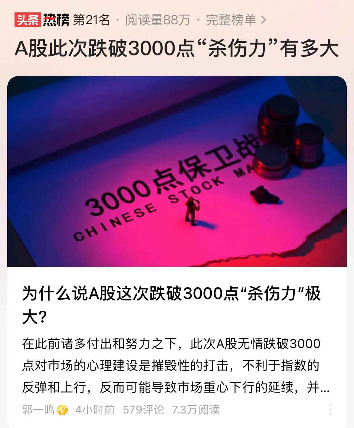 #A股此次跌破3000点“杀伤力”有多大#A股再次失守3000点整数关口，这一次