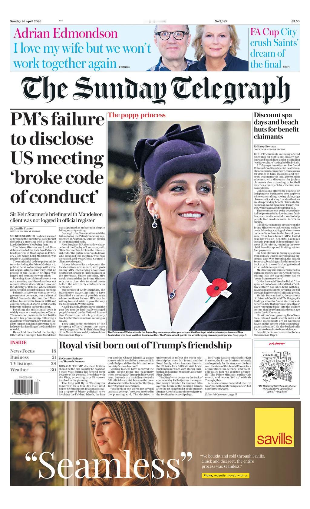 据《星期日电讯报》报道，英国首相基尔·斯塔默爵士因未宣布与曼德尔森勋爵游说公司客