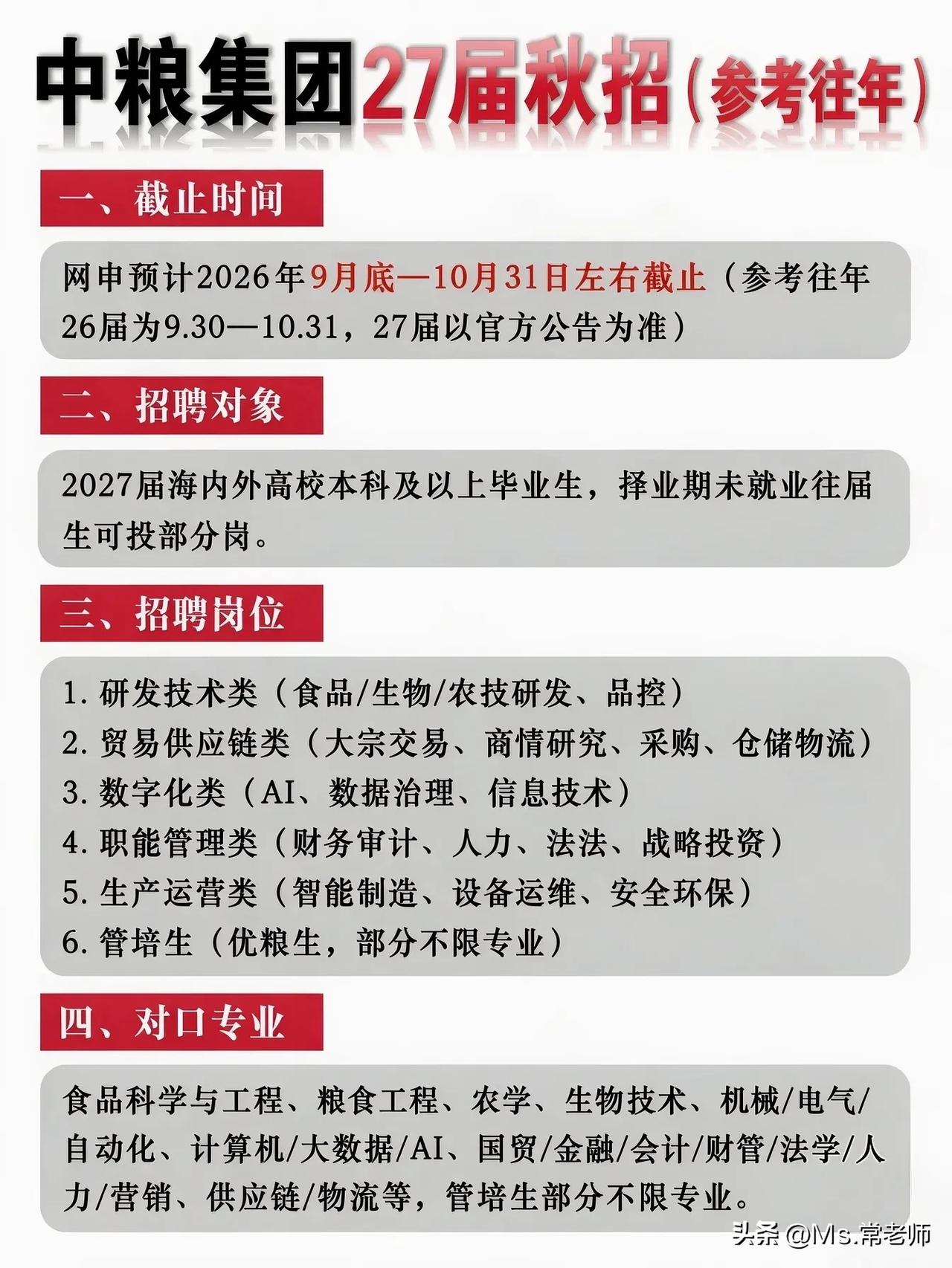 同学们，中粮集团作为国内农粮领域的头部央企，二十七届秋招网申窗口预计在2026年