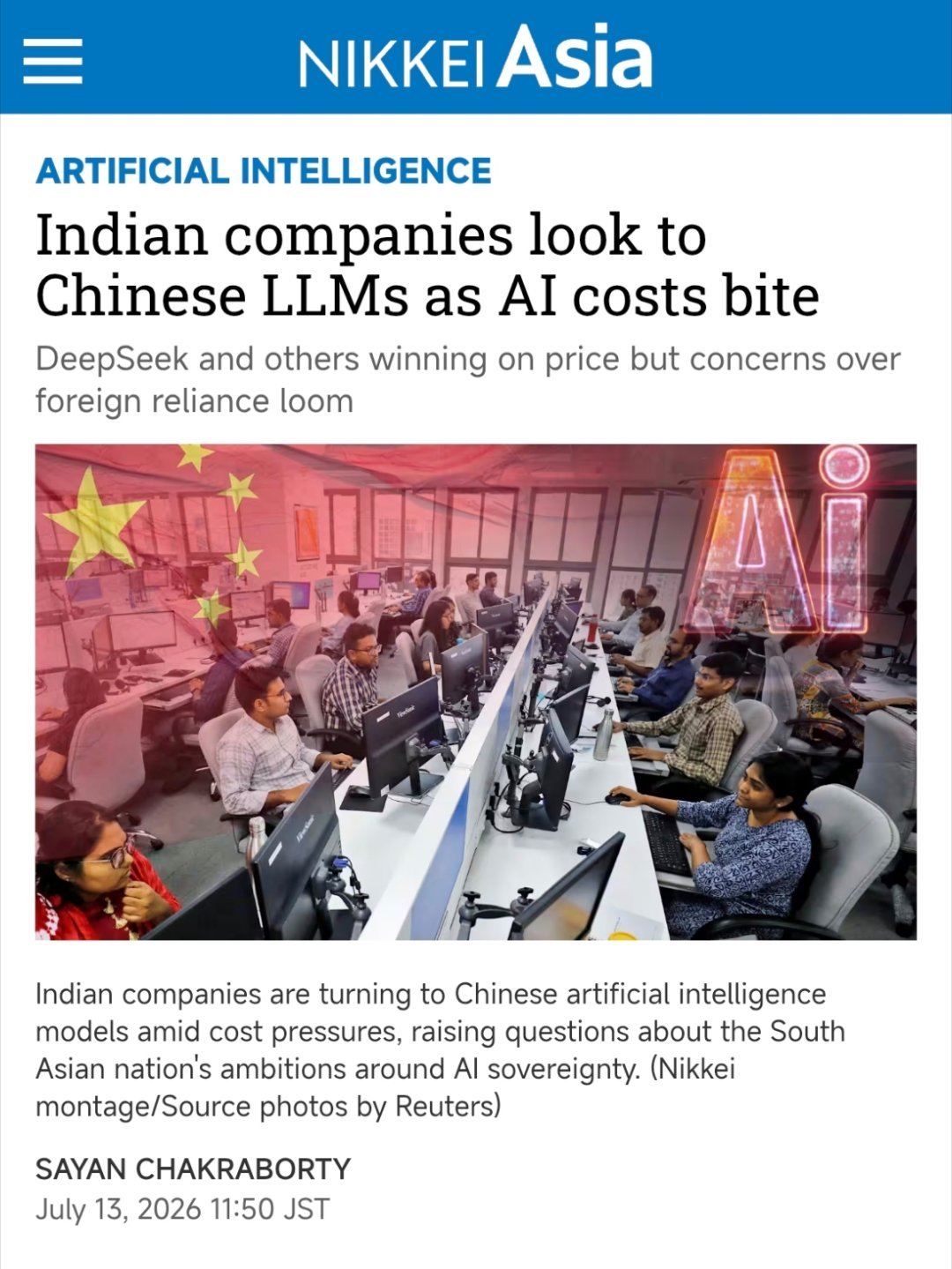 中国AI便宜到不用需向CFO解释¹ 今天的新闻：印度正在大量转向中国的开源大模型