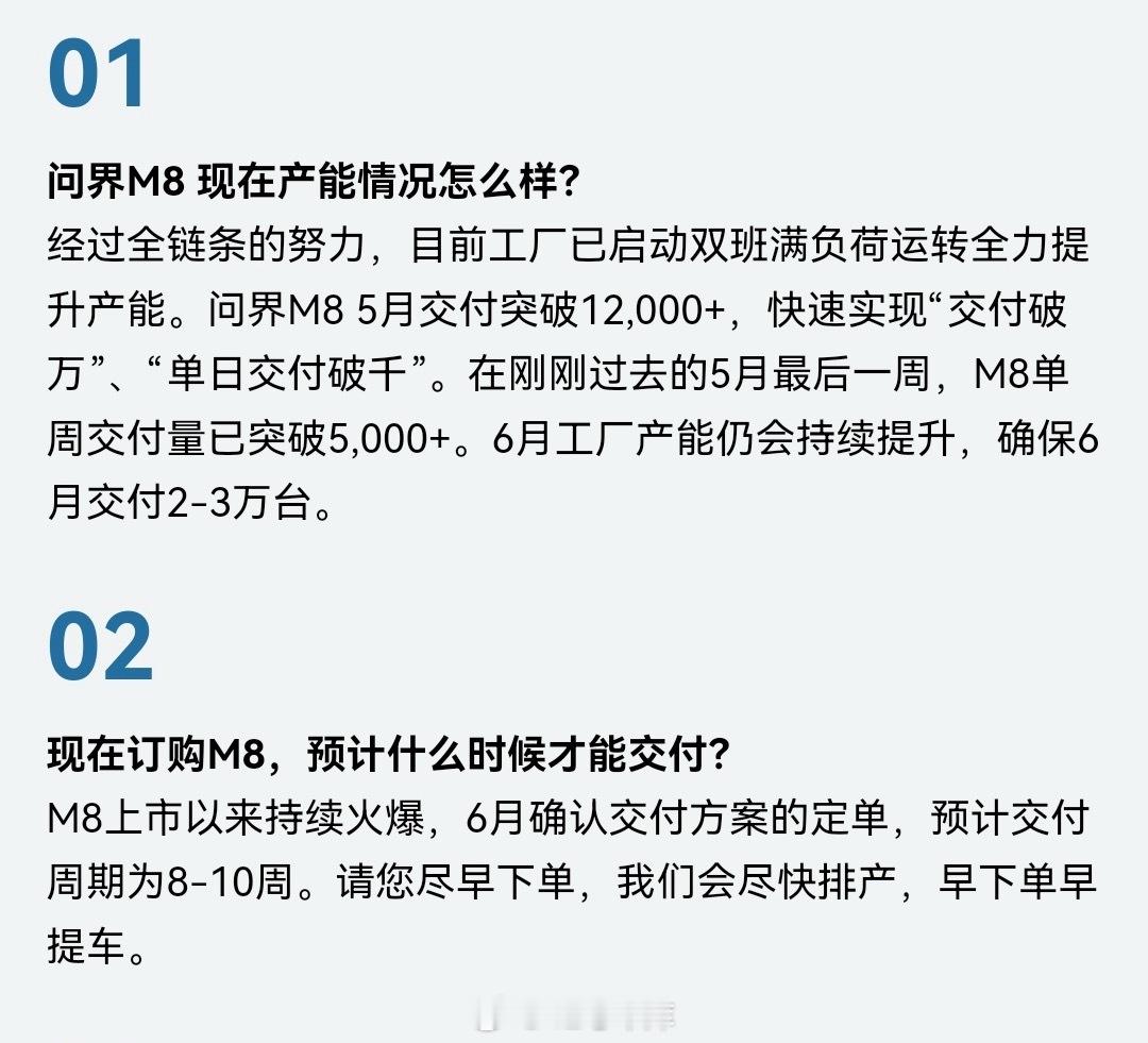 问界 M8 开始双班满负荷提升产能，6 月会交付 2-3 万台！感觉会是一个新的
