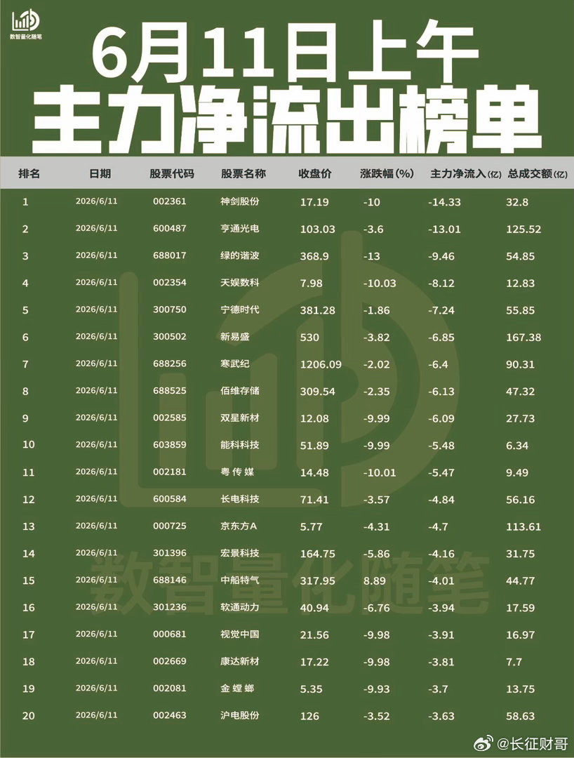 【6月11日上午主力净流入流出榜单出炉🔥】今日上午主力资金大幅流入光通信、稀有