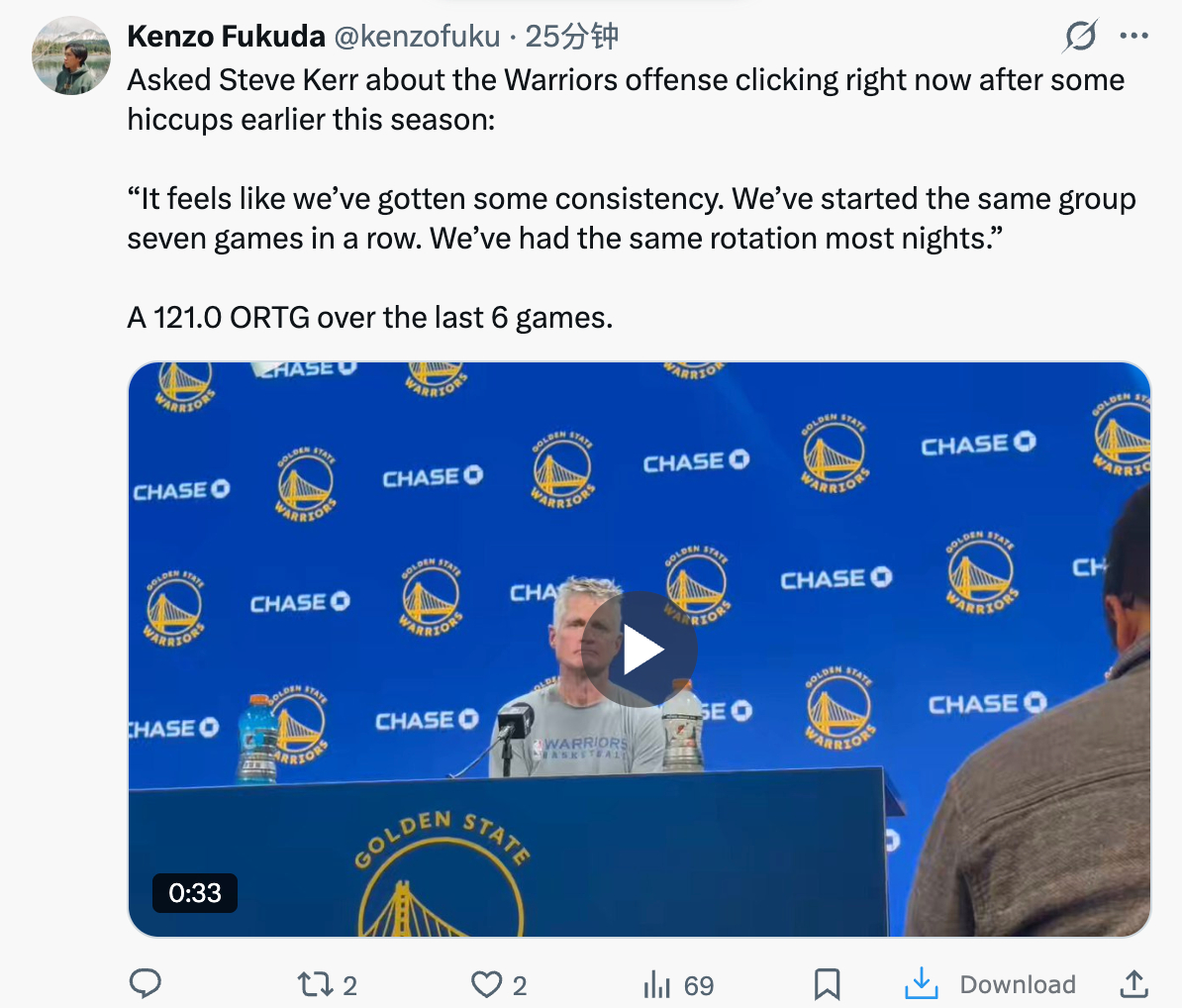 当被问及勇士队的进攻在经历了赛季初的起伏后为何现在开始步入正轨时，史蒂夫·科尔表