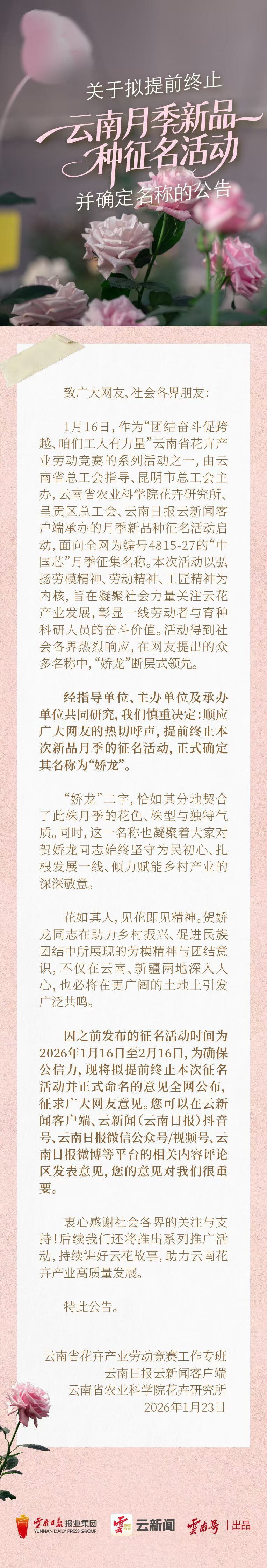 这朵花就叫娇龙吧云南鲜花命名娇龙 经指导单位、主办单位及承办单位共同研究，我们慎