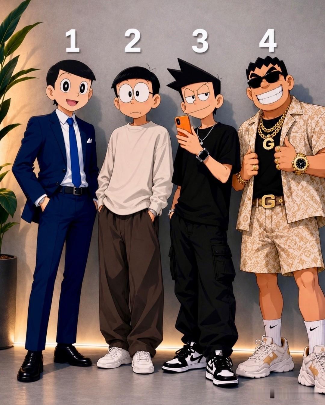 哈哈 ，图上这四个人除了老年人，大部分人一定认识！
日本网友根据他们四个人穿的服