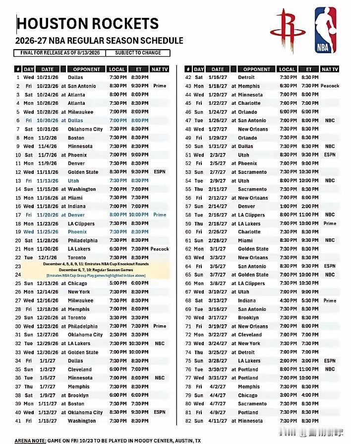 26-27新赛季火箭82场常规赛赛程，自己看英文翻译[比心]
