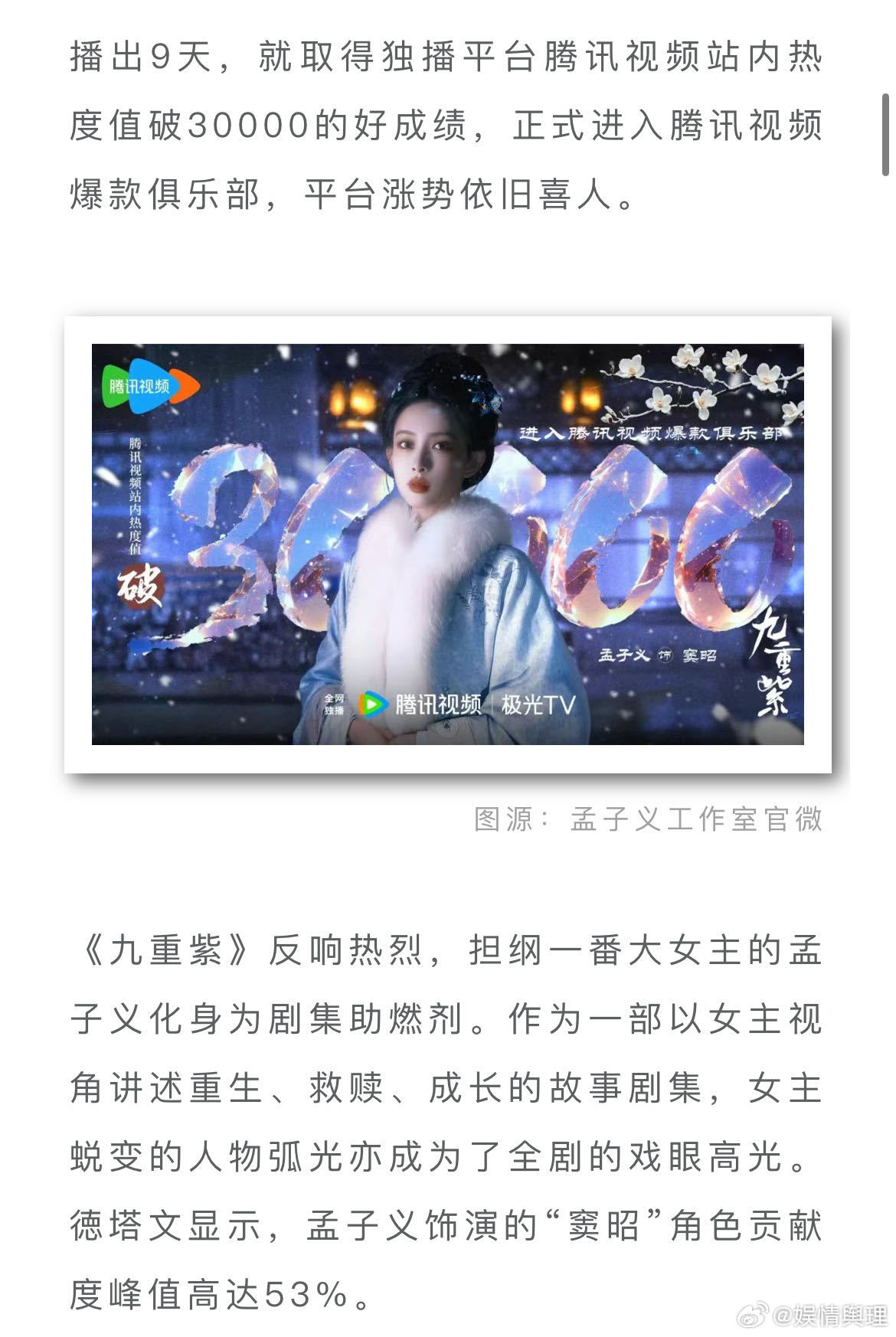 德塔文认证孟子义影视综艺双爆   热剧《九重紫》腾讯视频站内热度飙升破3万，孟子