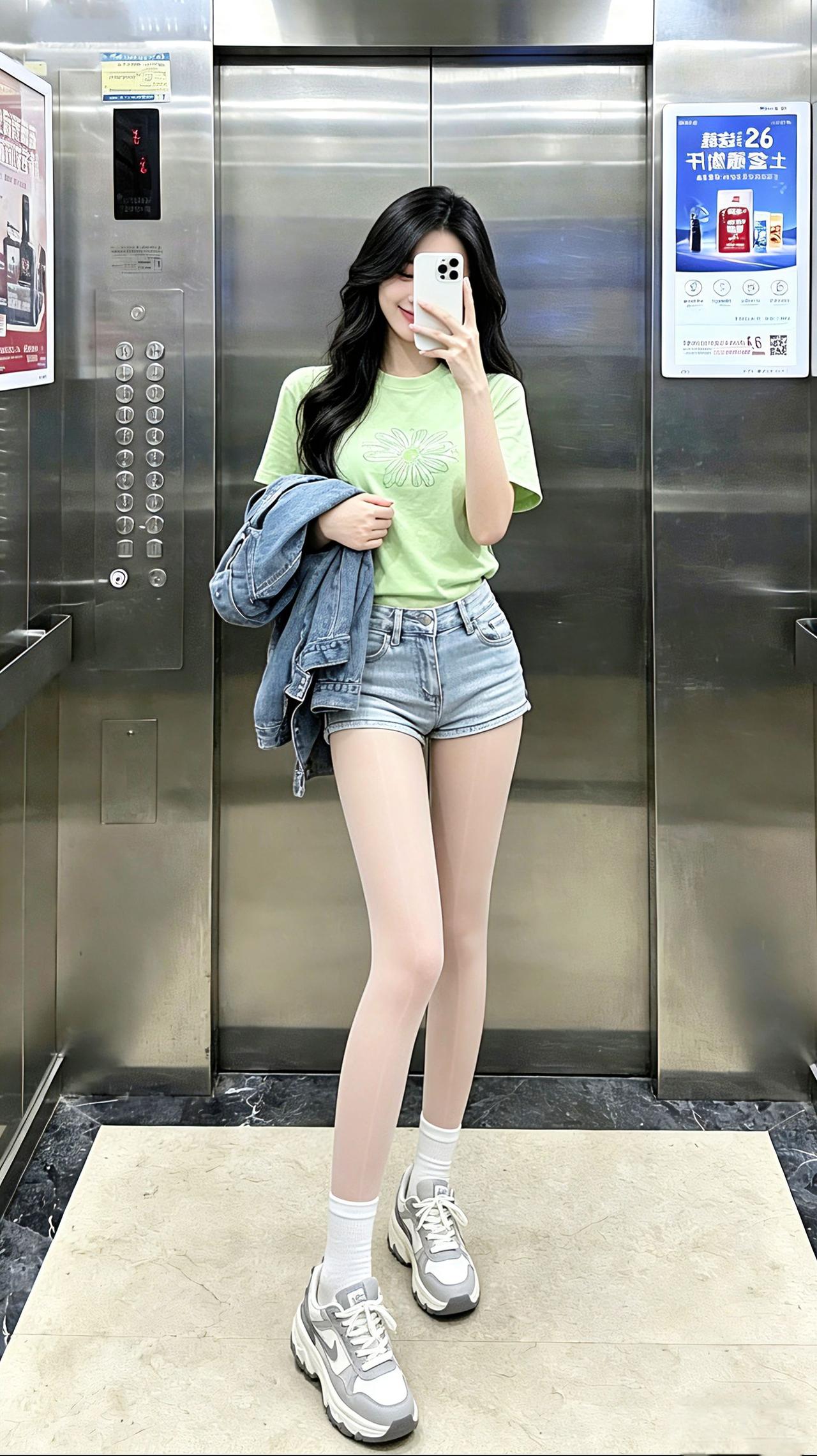 这种松弛甜酷风你们爱了吗？电梯间里，青柠绿印花T裹着清爽的甜，牛仔短裤一搭又添了