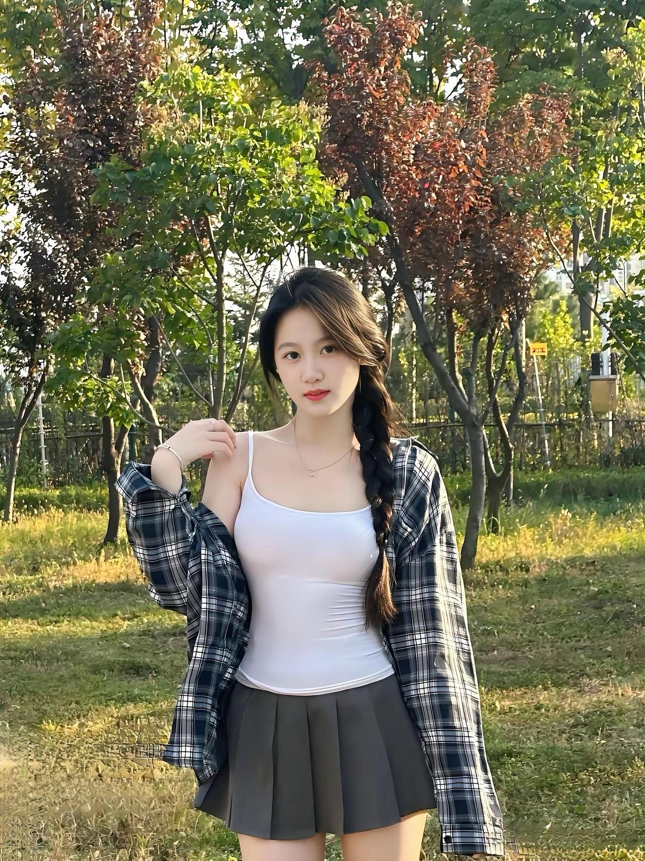 阳光明媚，女孩在公园里拍照。
