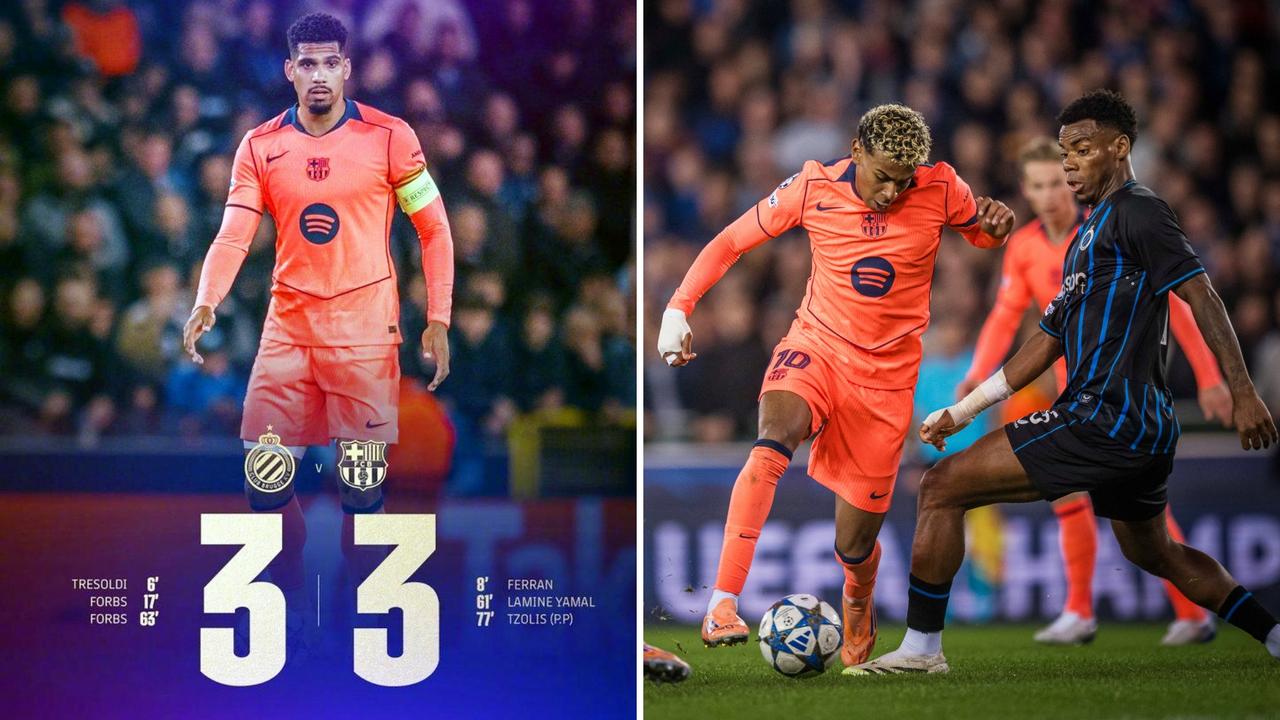 欧冠：巴塞罗那客场3-3战平布鲁日，无缘连胜。
巴萨3度落后又扳平，费尔明2助攻