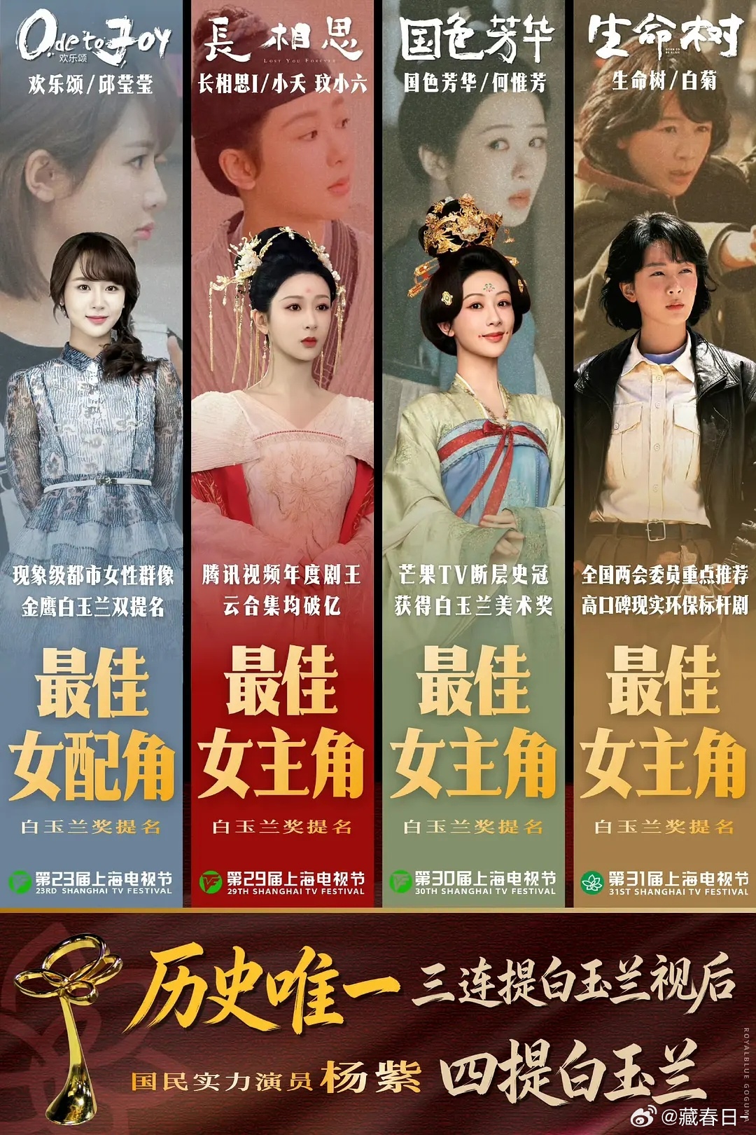 杨紫四提白玉兰，三连提最佳女主角，各种题材都有，好厉害吧！！ 