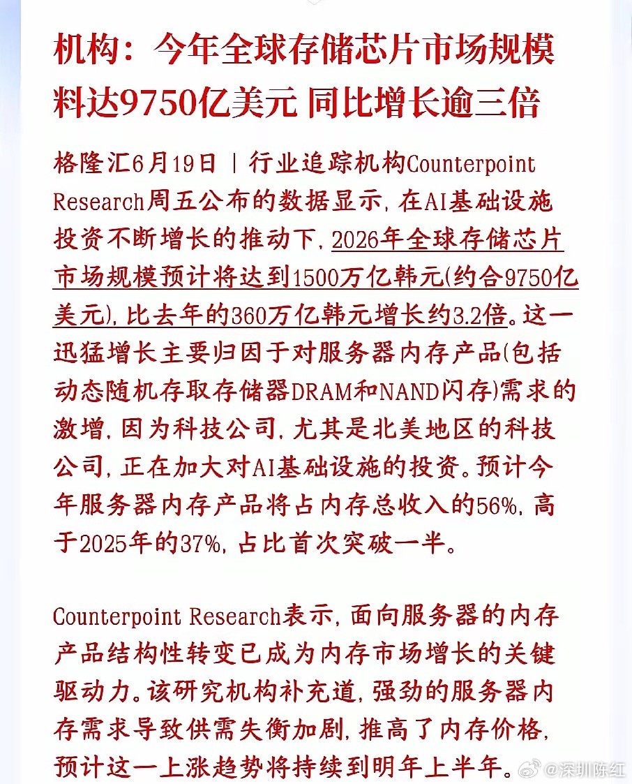 周末重磅！存储芯片再迎利好，2026年将创历史新高机构最新预测：2026年全球存