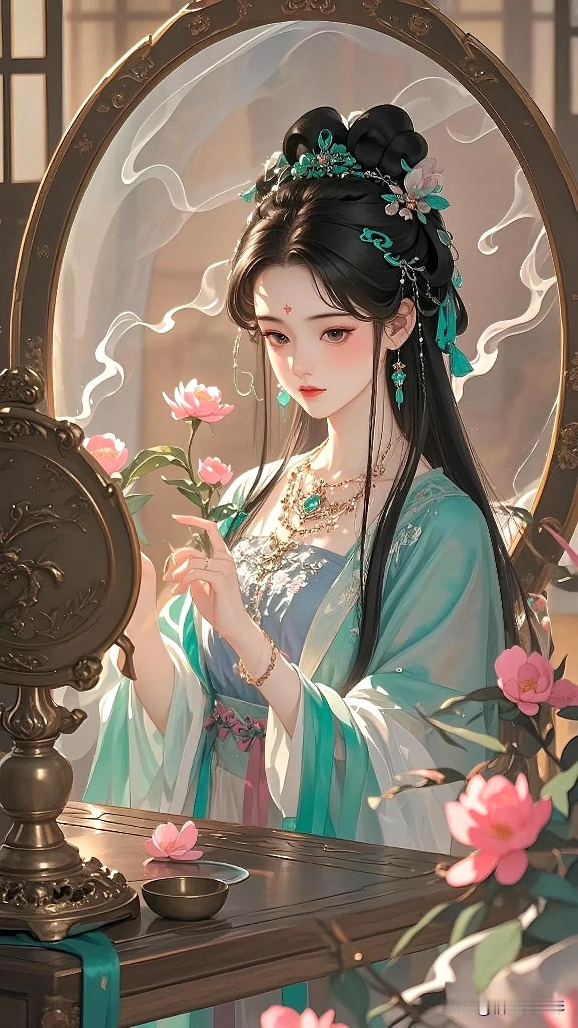 《镜花思》
镜里青丝绾翠妆，
罗裳微拂娴含香。
玉容笼烟情千缕，
_____尾句