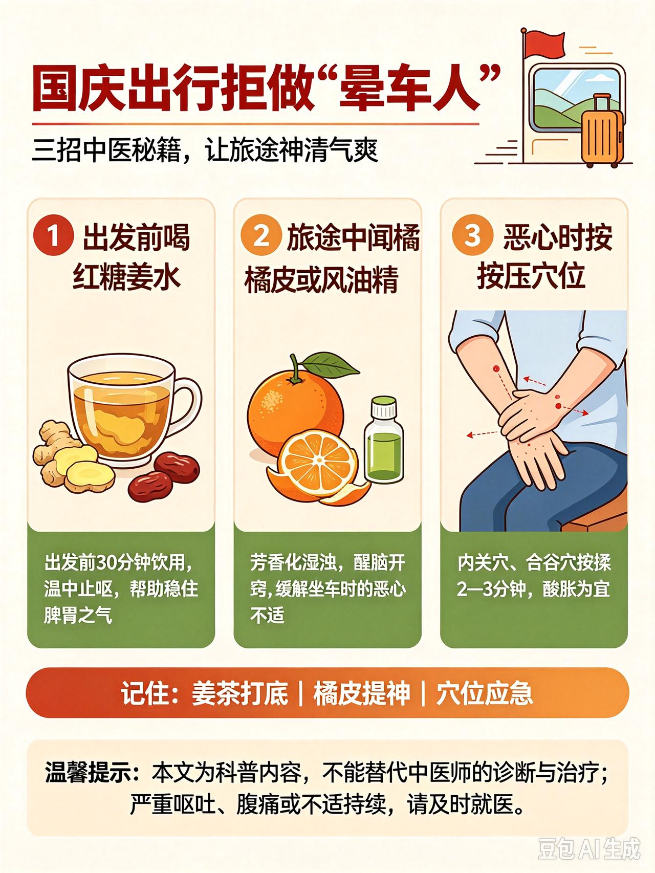 国庆出行拒做"晕车人"！三招中医秘籍，让您旅途神清气爽！
 
国庆出游最怕什么？