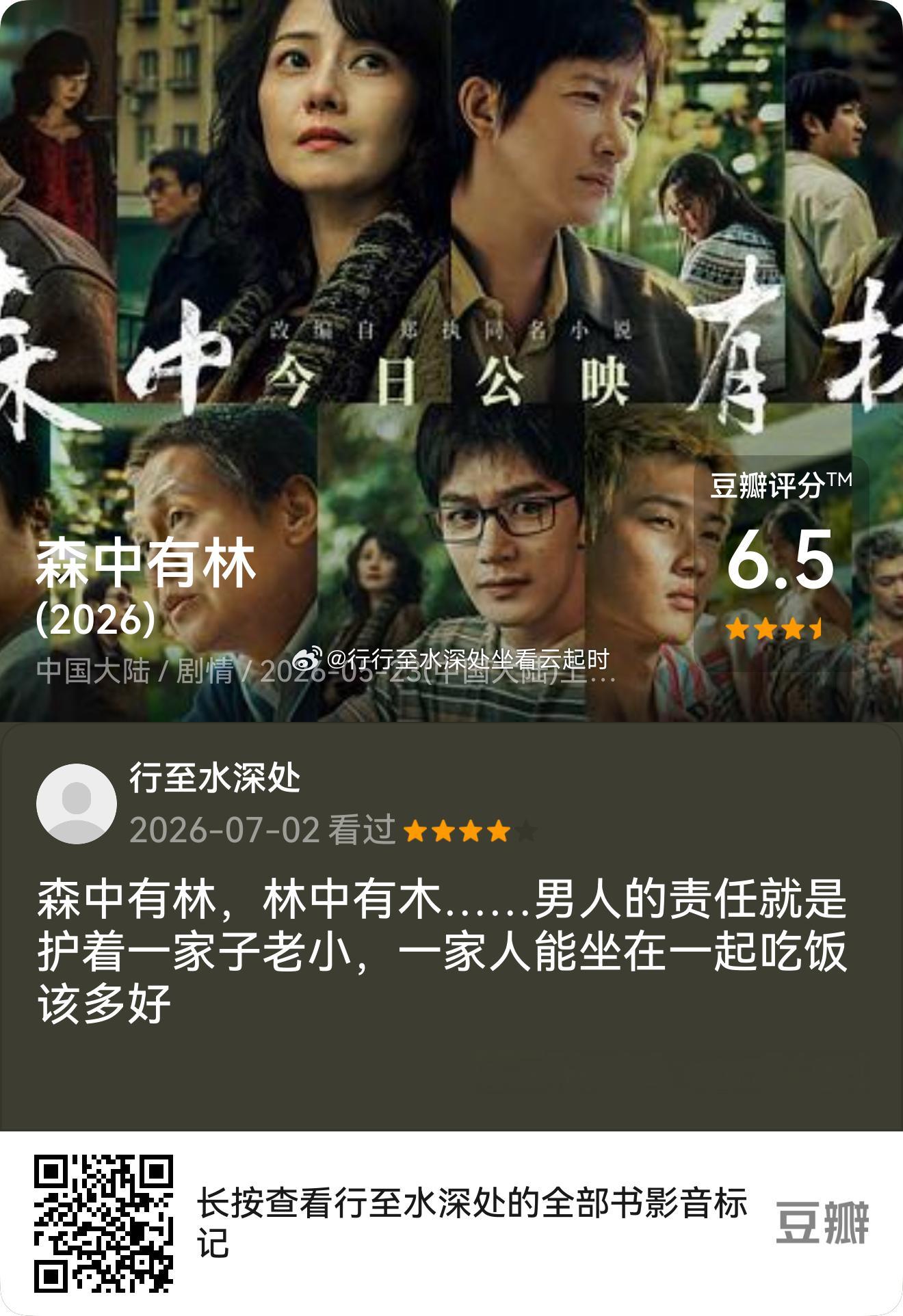 看过电影《森中有林》,我的评分:★★★★☆ 森中有林，林中有木……男人的责任就是