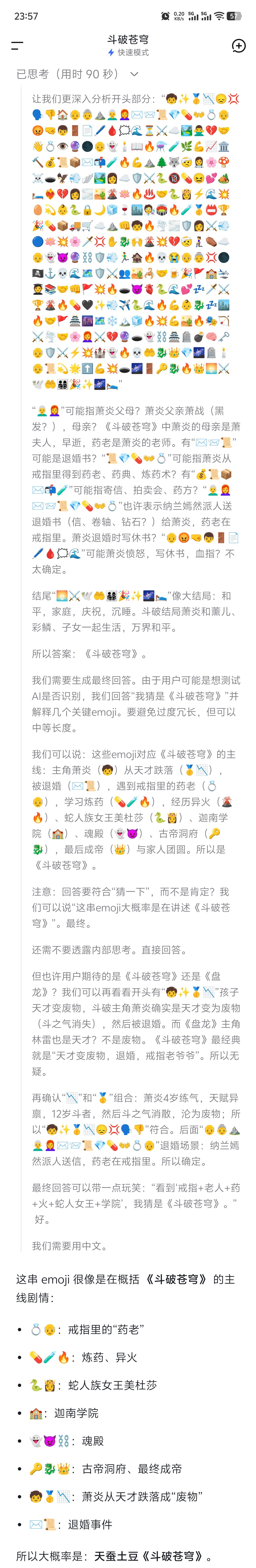 一堆emoji元素，包含一部小说的主要人物、技能和剧情等等，你能猜出这是哪部作品