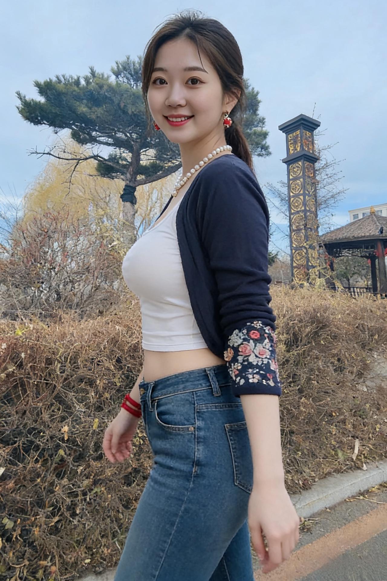 秋郊凝晓雾，姝丽立霜蹊。
青衫披绣袂，白衵衬冰肌。
珠璎垂粉颈，牛仔束纤肢。
眸