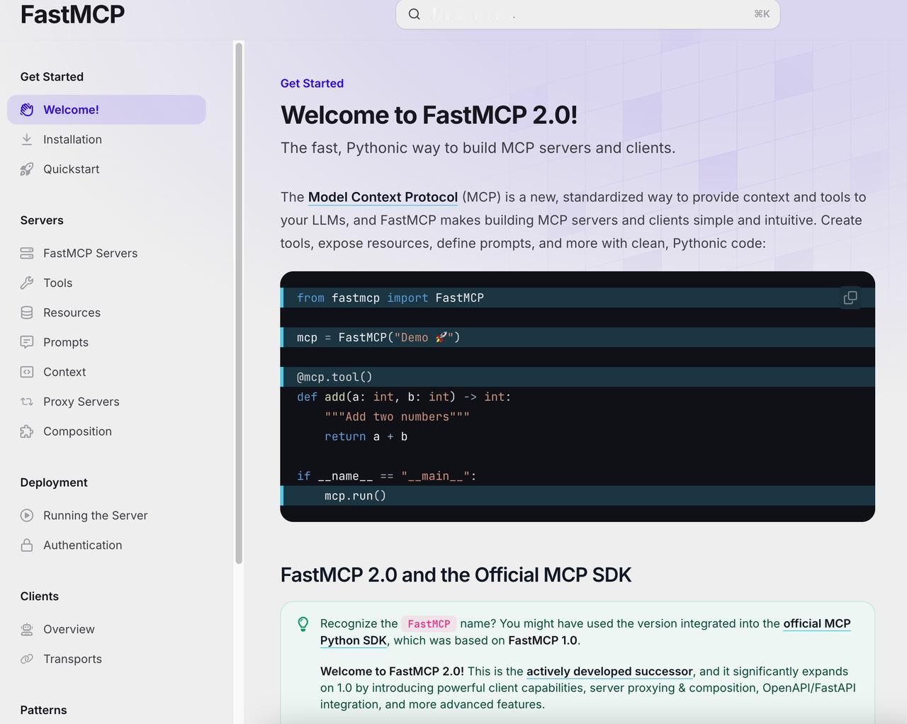 FastMCP 2.0：基于Python的开发框架，助你轻松实现MCP协议。
M