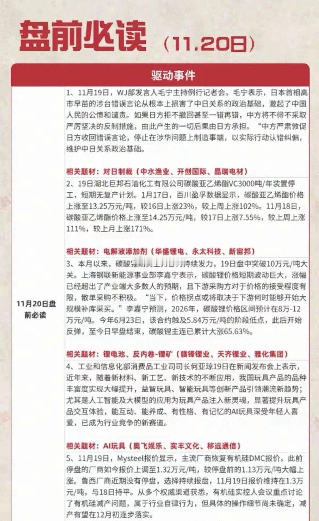 11月20日盘前市场驱动事件汇总！涵盖5大领域：对日制裁：因日方涉台错误言论，中