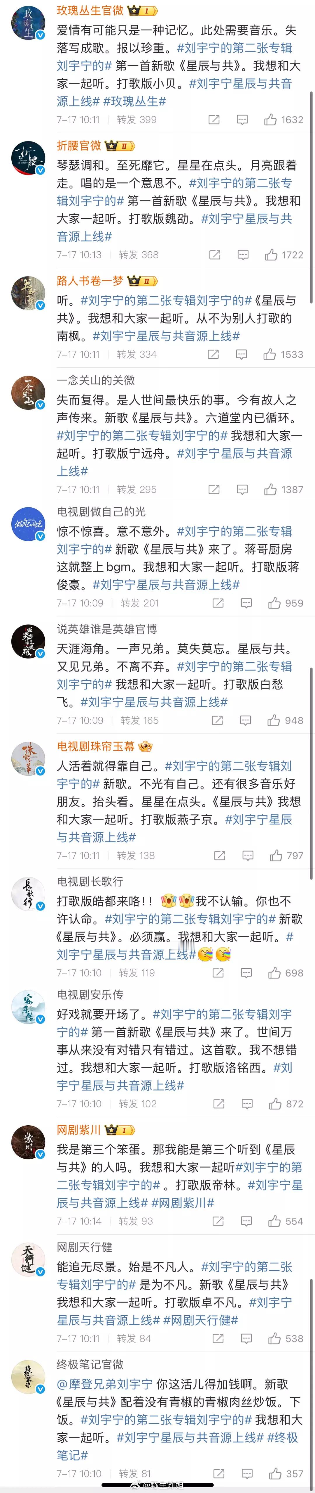 我勒个双栖艺人……刘宇宁新专辑上了。这些官微是约好了吗？刘宇宁发文感谢刘凤瑶 ​