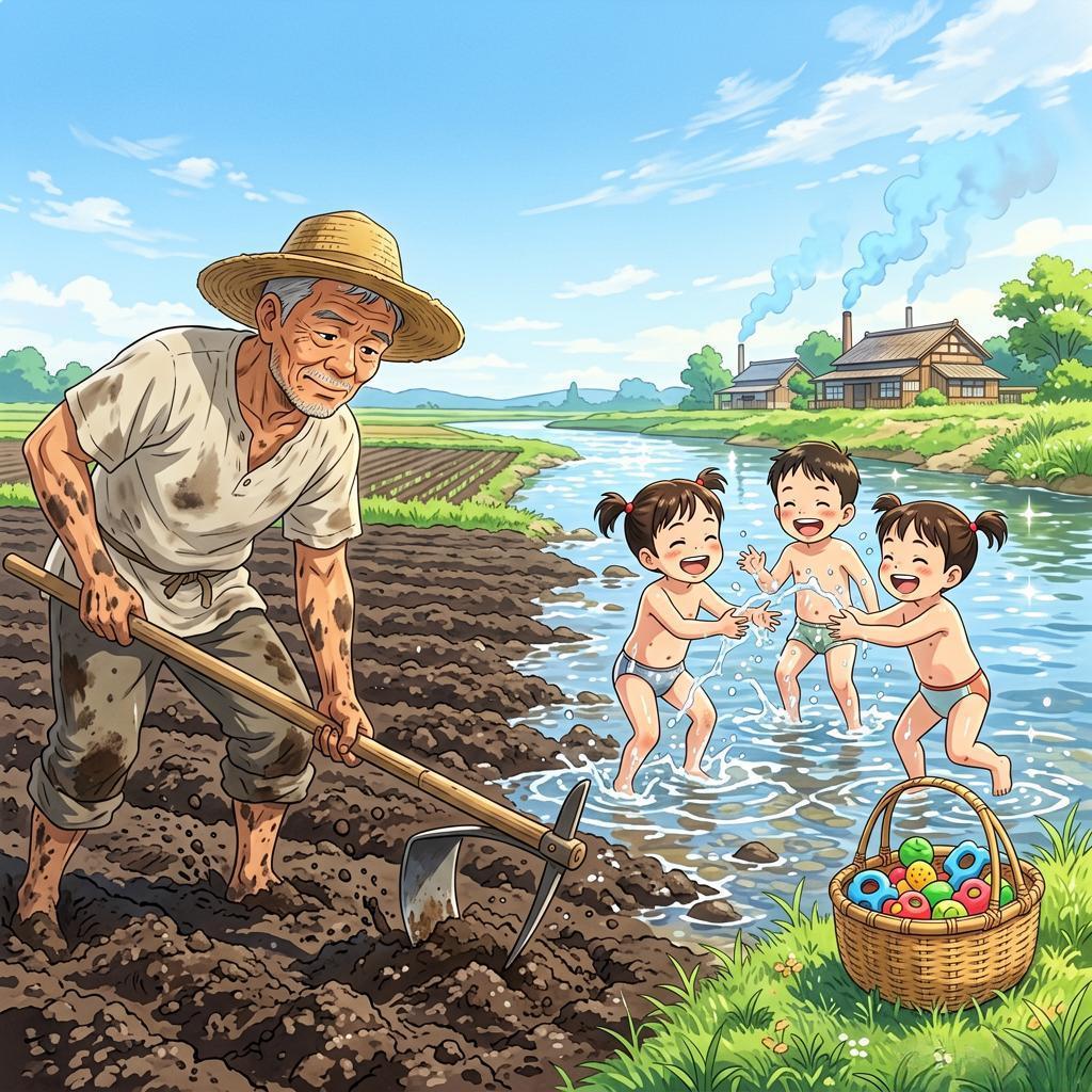 上联：地里耕田汉
下联：河畔游泳娃