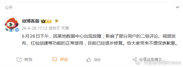 发布：6月28日下午，因某地数据中心出现故障，影响了部分用户的二级评论、视频发布