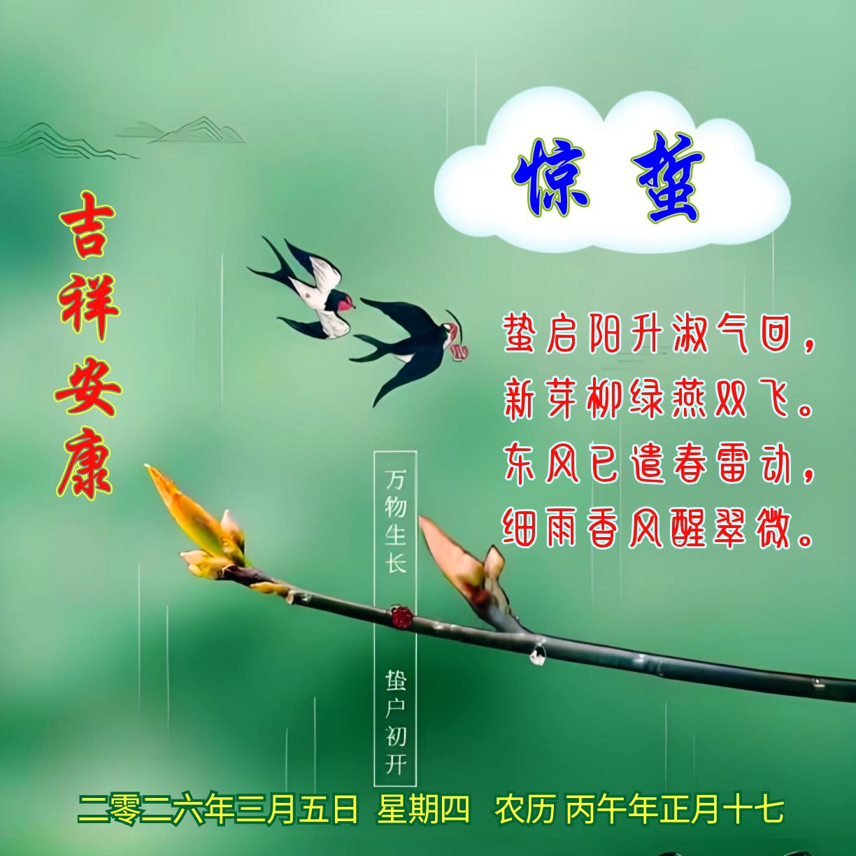《惊蛰》
蛰启阳升淑气回，
新芽柳绿燕双飞。
东风已遣春雷动，
细雨香风醒翠微。