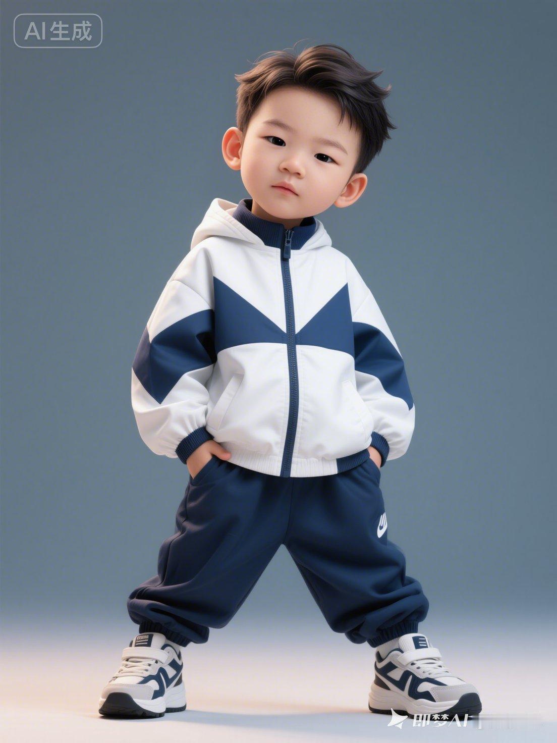 萌娃大眼睛配长睫毛，歪头杀尽显古灵精怪。白蓝几何嘻哈套装搭老爹鞋，机灵呆萌，萌态