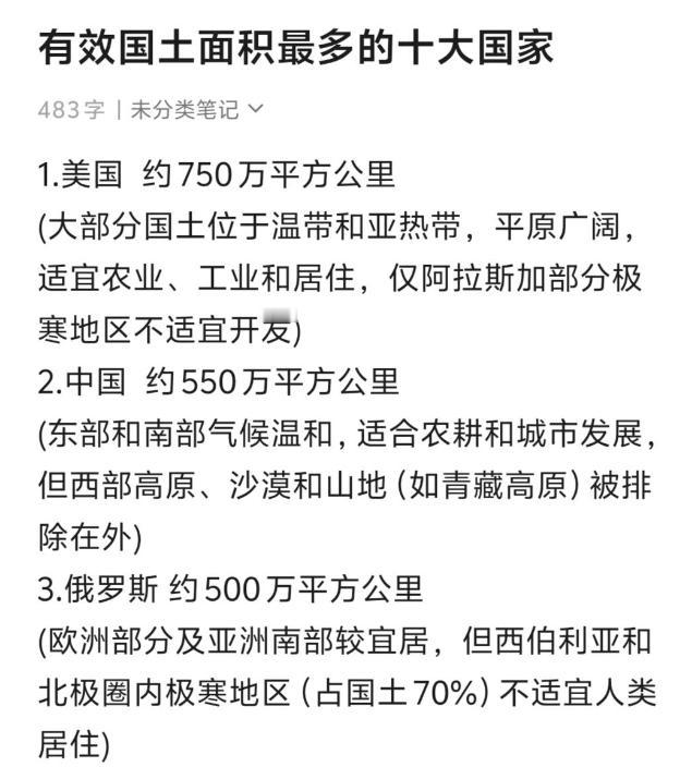 有效国土面积最多的十大国家：
第一名、美国750万平方公里，
第二名、中国550