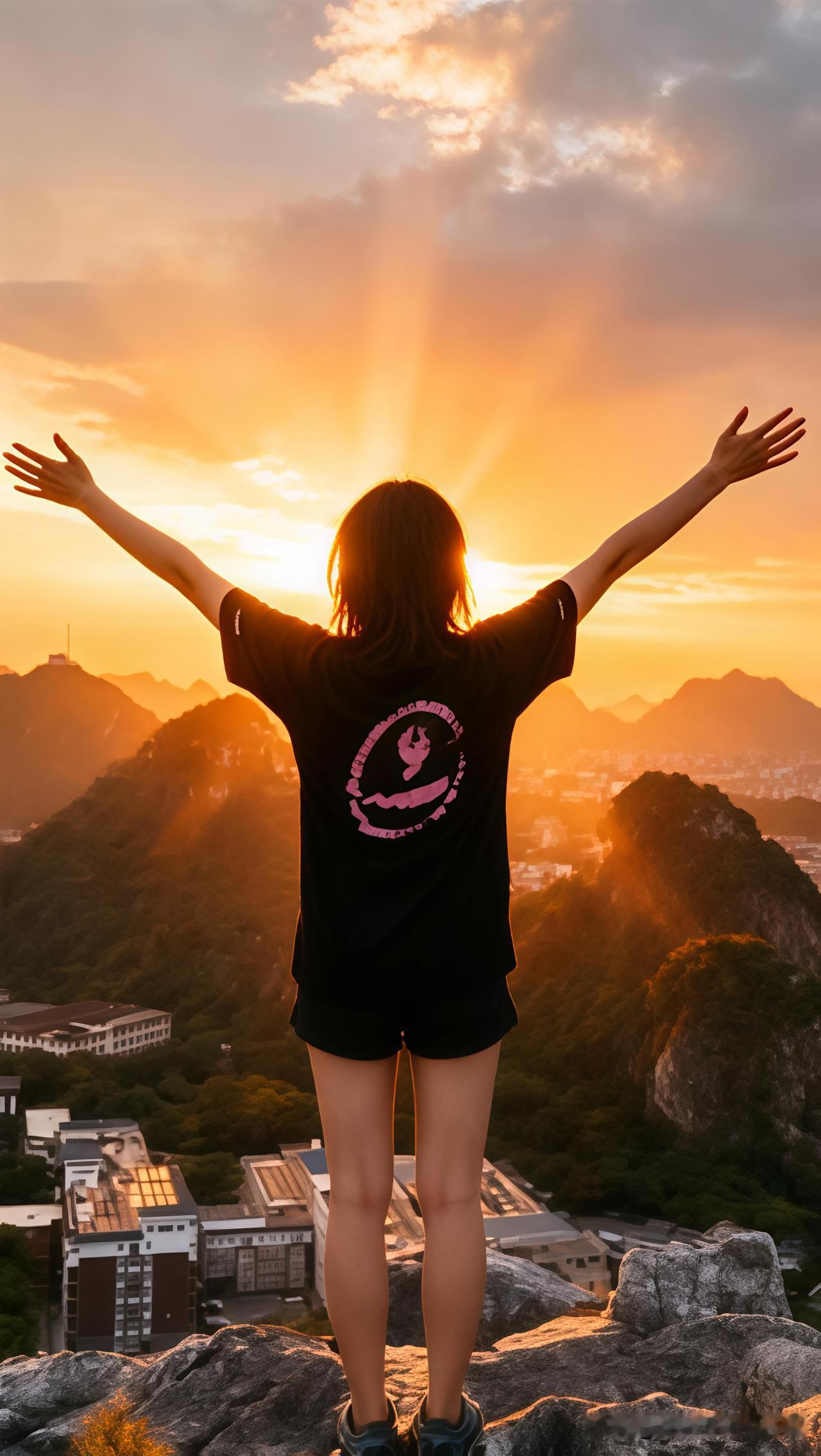 【桂林斗鸡山日落】她一脚踢碎夕阳，网友：这姿势是练过的？

夕阳西下，桂林斗鸡山